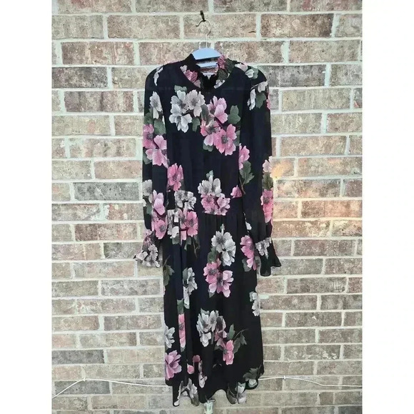 Nanette lepore Black Floral Vibrant Long Sleeves Dress Size 12 - Picture 4 of 7